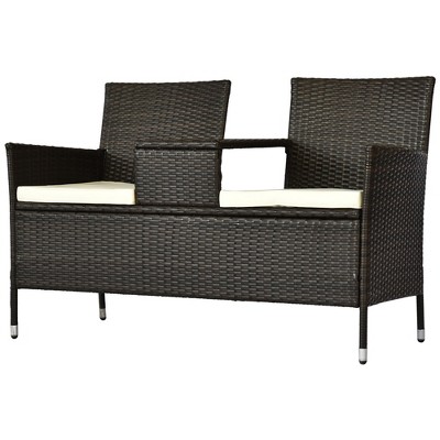 Modern 2-Person Rattan Loveseat with Built-in Glass Table - Brown
