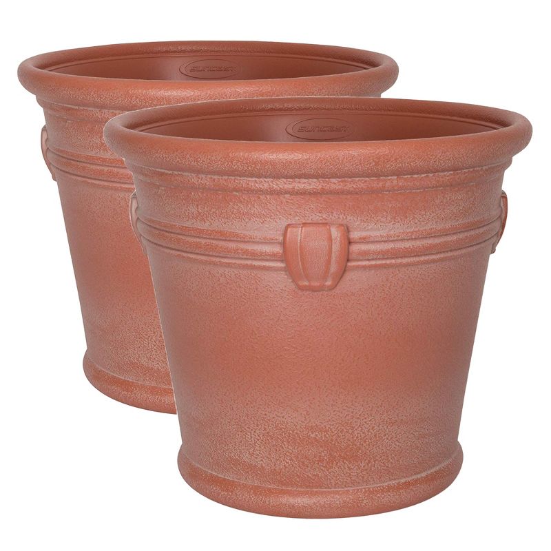 Suncast Waterton 18 Inch Resin Round Decorative Flower Pot Planter, Terracotta, 1 of 6