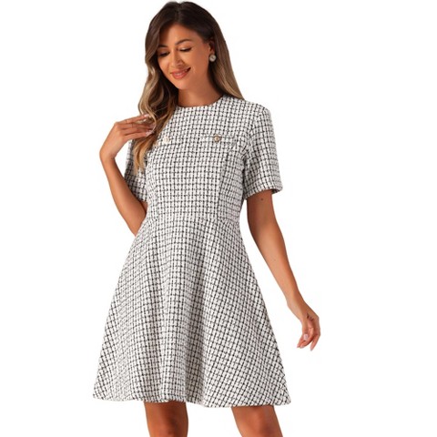 Женские платья INSPIRE CHIC Women's Short Sleeve Plaid Tweed Zipper Button Casual Mini Dress Apricot X-Large
