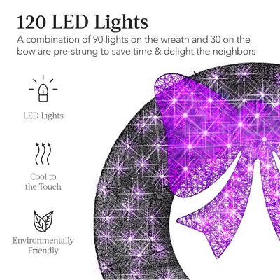 36-Inch Multicolor LED Pre-Lit Outdoor Christmas Wreath with Purple Bow