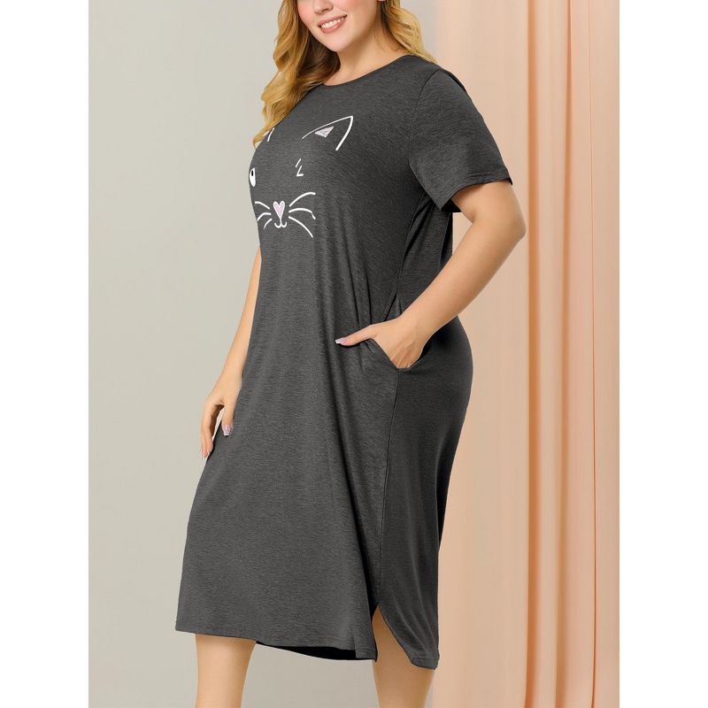 Agnes Orinda Womens Plus Size Short Sleeve Cute Cat Print Pockets Nightgown, 3 of 8