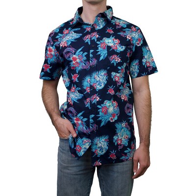 Men's Star Wars: The Mandalorian Grogu and Din Djarin Retro Hawaiian Print  Button Down Shirt - Red - 2X Large