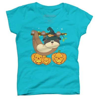 Girl's Design By Humans Funny Witch Sloth With Jack O Lantern Halloween T-Shirt By thebeardstudio T-Shirt