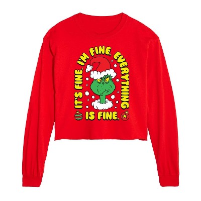 Dr. Seuss The Grinch Christmas Everything Is Fine Cropped Long Sleeve T-Shirt - Red - 2 X-Large