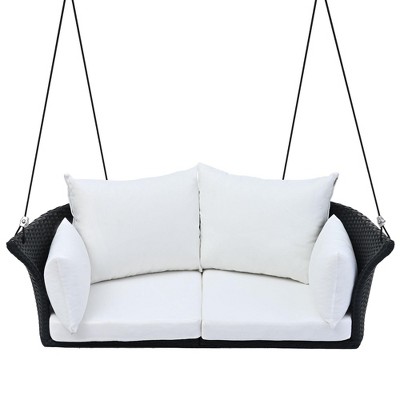 NAYSAYE Patio Swing Woven Hanging Seat with Cushion and Adjustable Ropes for Porch Relaxation, Black and White, 24.4"*15.3"*29.89"
