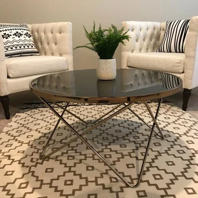 user image by anabanana, Coffee Table Black Champagne - Acme Furniture: Geometric Metal Base, Glass Top, 18&#34; Height