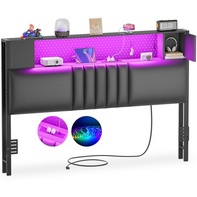 Aheaplus Upholstered Headboard with Storage Shelf and Small Cabinet, Headboard Power Outlet and LED Light