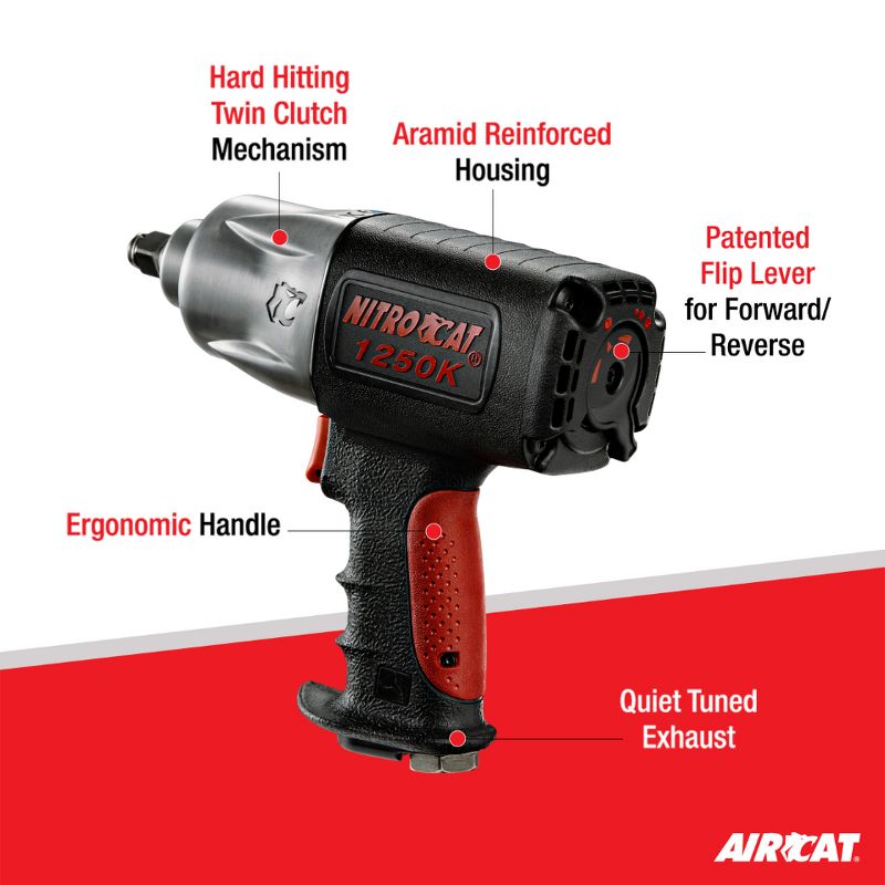 AIRCAT 1250-K 1/2-Inch Nitrocat Composite Twin Clutch Impact Wrench 1300 ft-lbs, 2 of 10