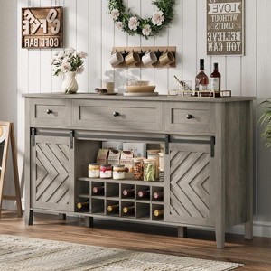 GustoWave 59.06" Farmhouse Sideboard, 33.4" High, with 3 Drawers, Adjustable Shelves and Removable Wine Rack, Gray - 1 of 4