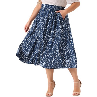 Agnes Orinda Women's Plus Size Pleated Elastic Waist Casual Swing Floral A Line Skirts with Pockets