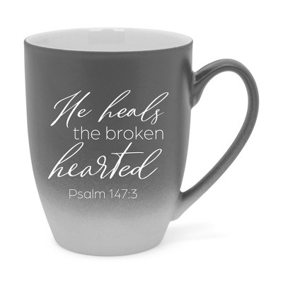 Elanze Designs He Heals The Broken Hearted Two Toned Ombre Matte Gray and White 12 ounce Ceramic Stoneware Coffee Cup Mug