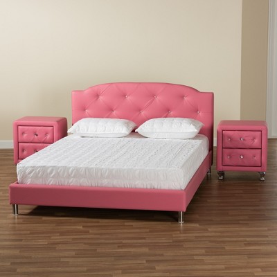 Pink Faux Leather Upholstered Full Size Bed with Nightstands