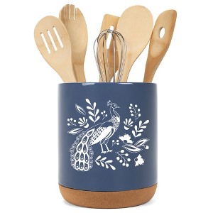 Elanze Designs 8 inch Floral Peacock Large Ceramic Kitchen Utensil Holder Navy Blue and White Crock with Cork Base - 1 of 4