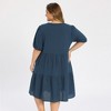 Women's Plus Size Gingham Notch Neck Puff Sleeve Tiered Pockets Midi Summer Casual Plaid Babydoll Dresses - GRACE & GRANDEUR - 3 of 4
