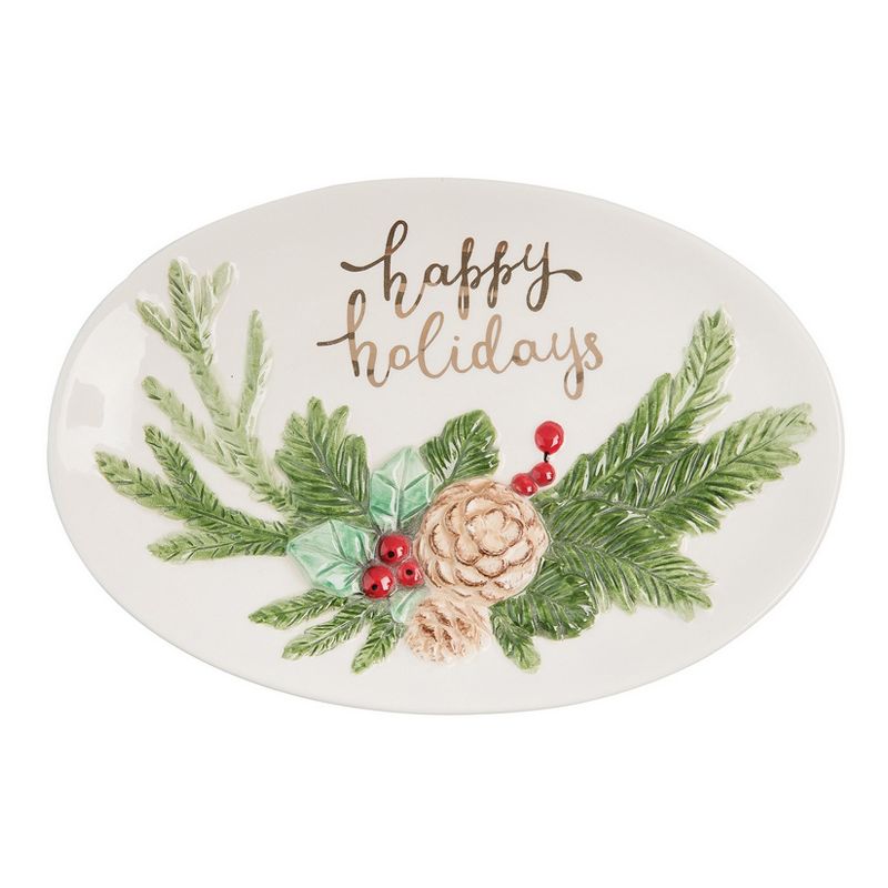 C&F Home "Happy Holidays" Sentiment with Pinecone Accents Hand painted White Oval Dolomite Serving Tray with Spreader, Hostess Gift, 3 of 5