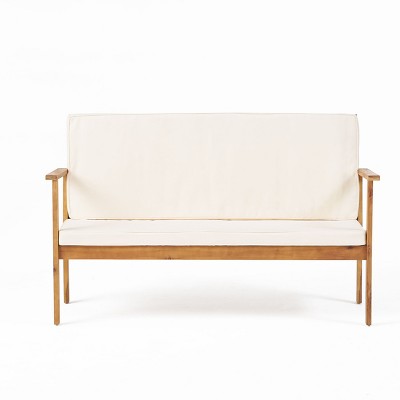 GDFStudio Harvey Outdoor Acacia Wood Bench with Cushions, Brown/Cream