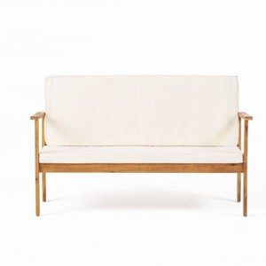GDFStudio Harvey Outdoor Acacia Wood Bench with Cushions, Brown/Cream - 1 of 4