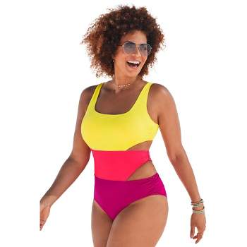 Swimsuits for All Women's Plus Size Color Block Cut Out One Piece Swimsuit