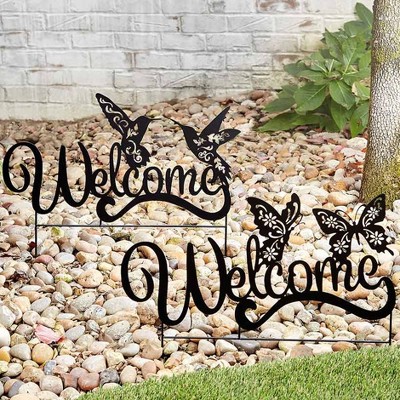 Black Metal Welcome Hummingbird Garden Stake