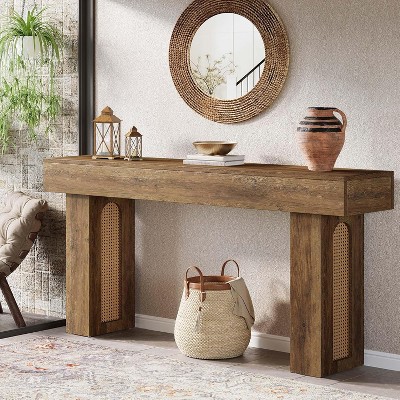Tribesigns 63" Console Table for Entryway, Rattan Entry Table Behind The Sofa, Farmhouse Accent Console for Hallway, Living Room,Rustic Brown