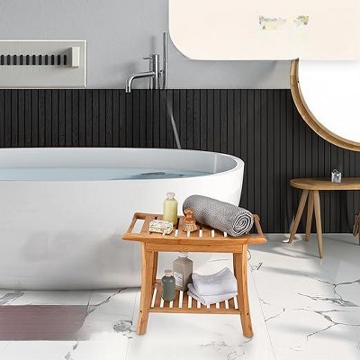 Tranquil Bamboo Shower Bench with Storage Shelf, Natural Finish