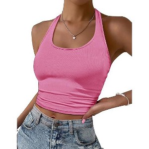 Ekouaer Women Halter Top Backless Scroop Neck Slim Stretchy Ribbed Knit Camisole Crop Tops - 1 of 4
