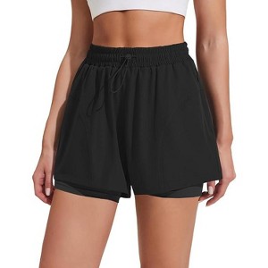 Pinspark Athletic Shorts for Women High Waisted Workout Short 2 in 1 Running Shorts Gym Shorts with Zipper Pockets Black S - 1 of 4
