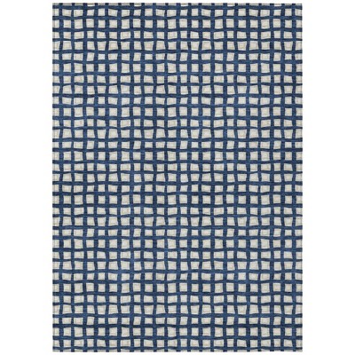 Navy Blue And Ivory Geometric Washable Indoor Outdoor Area Rug