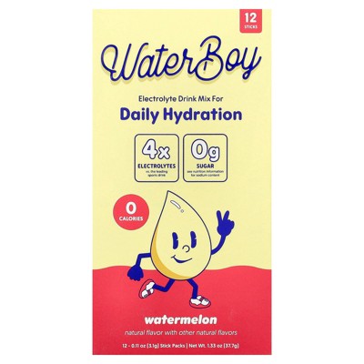 Waterboy Daily Hydration, Electrolyte Drink Mix, Watermelon, 12 Stick Packs, 0.11 oz (3.1 g) Each