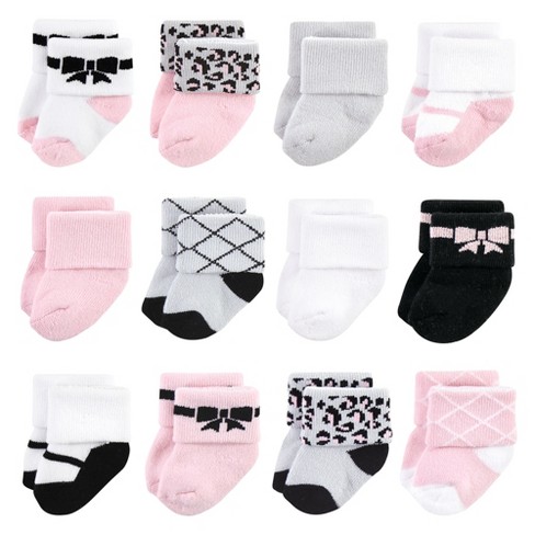 Hudson Baby Infant Girl Cotton Rich Newborn and Terry Socks, Pink Animals,  0-6 Months