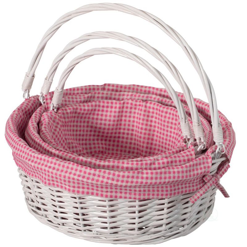 Traditional White Round Willow Gift Basket with Gingham Liner and Sturdy Foldable Handles, Food Snacks Storage Basket, 3 of 8