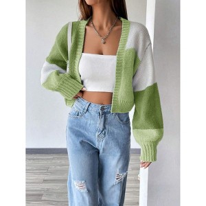 Women's Color Block Crop Cardigan Top Bishop Long Sleeve Open Front Sweater - 1 of 4