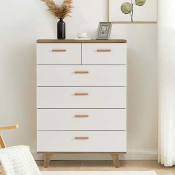Modern 6 Drawer Dresser with Solid Wood Legs and Handles, White + Oak - ModernLuxe