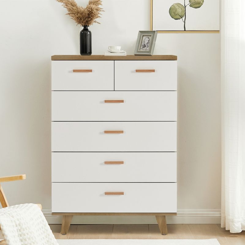 Modern 6 Drawer Dresser with Solid Wood Legs and Handles, White + Oak - ModernLuxe, 1 of 13