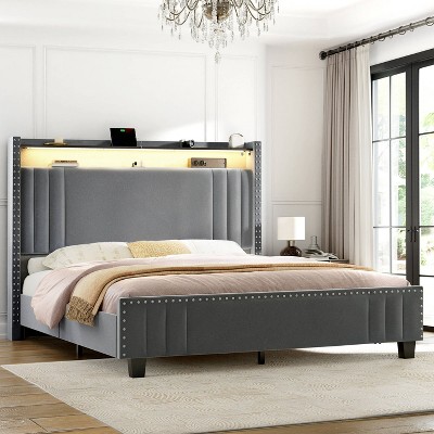 WOWLIVE Queen/King Upholstered Bed Frame with Storage Wingback Headboard, Modern Platform Bed Frame with Outlet & LED Light