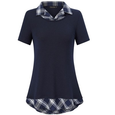 Women's Short Sleeve V-Neck Contrast Collared Shirts Patchwork Work Blouse Tunics Tops