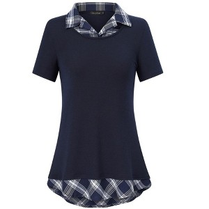 Women's Short Sleeve V-Neck Contrast Collared Shirts Patchwork Work Blouse Tunics Tops - 1 of 4