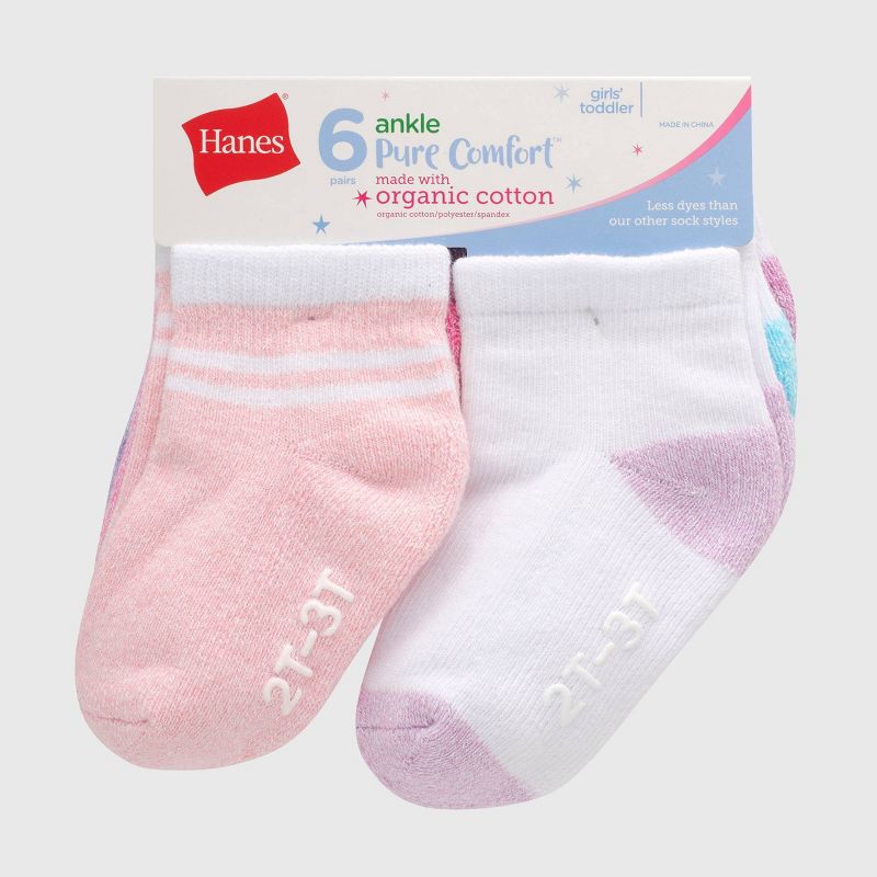 Hanes Toddler Girls' 6pk PURE Comfort with Organic Cotton Solid Athletic Socks - Purple/Pink/Gray, 2 of 4