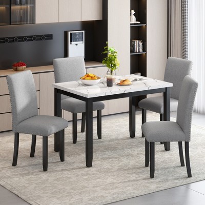 SKRAN Set of 5 Kitchen Table Set for 4, Wood Dining Set with Paper Marbling Table and 4 Thicken Cushion Dining Chairs for Kitchen Apartment
