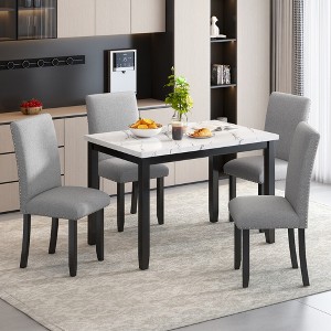 SKRAN Set of 5 Kitchen Table Set for 4, Wood Dining Set with Paper Marbling Table and 4 Thicken Cushion Dining Chairs for Kitchen Apartment - 1 of 4