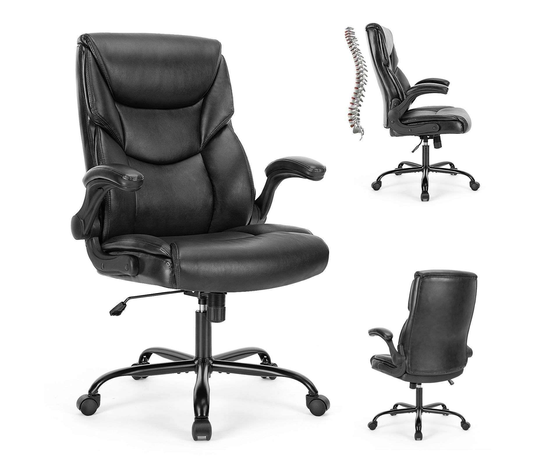 Bestier Executive Leather Office Chair, Ergonomic Swivel Chair, Adjustable Computer Chair with Flip-up Armrest / Strong Metal Base, Black