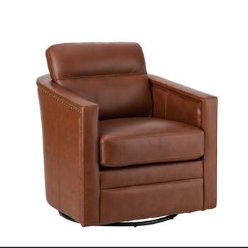 Eulalia 28.74''Wooden Upholstery Wide Genuine Leather Swivel Chair with Swivel Metal Base and  Squared Arms | ARTFUL LIVING DESIGN