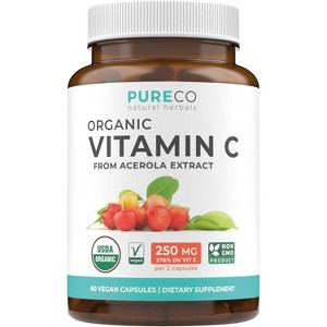 Certified Organic Vitamin C Capsule, Acerola Vitamin C Immune Support Supplement for Daily & Seasonal Wellness, Pure Co, 60ct - 1 of 4