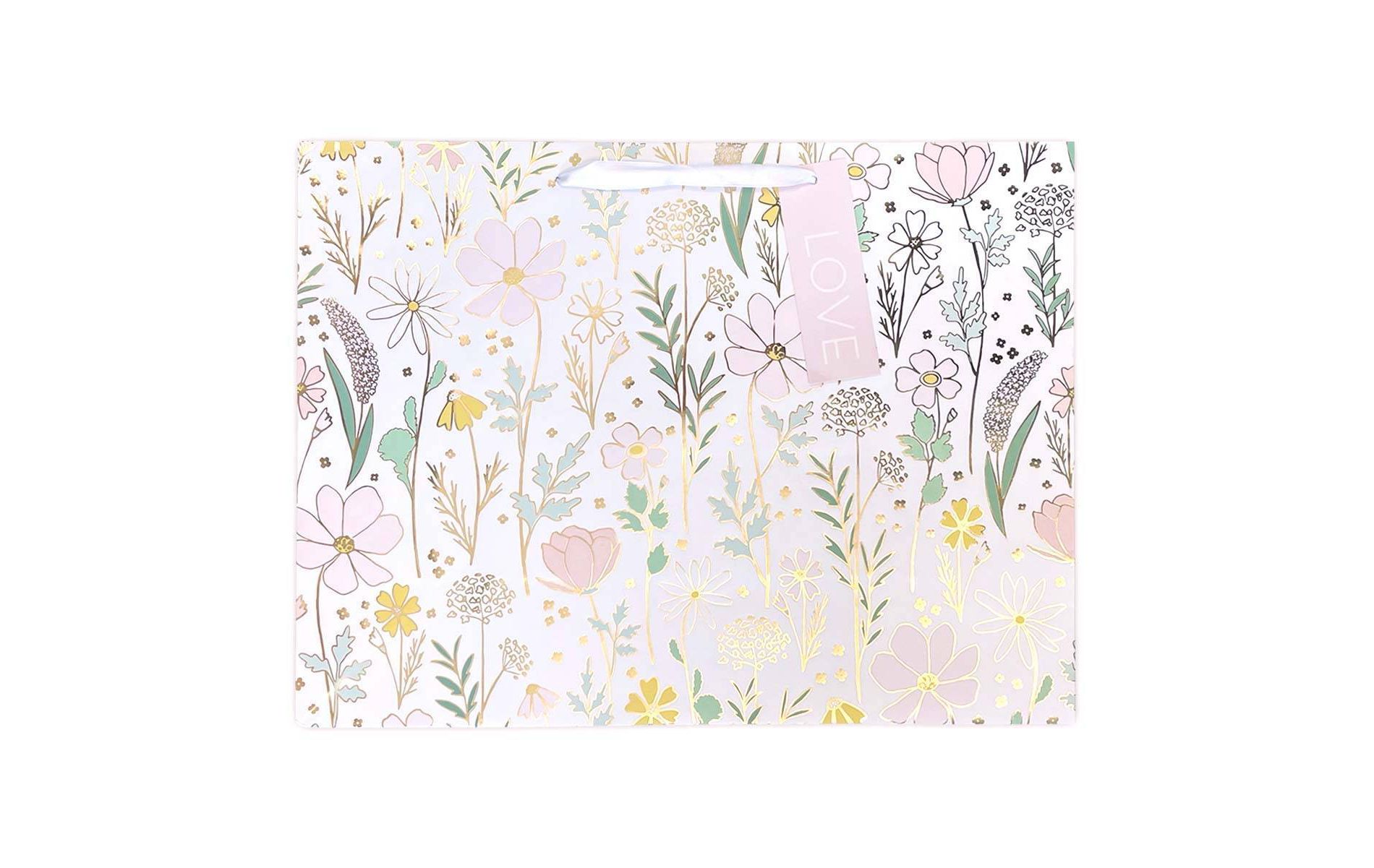 Large Floral with Gold Foil Accents Wedding Gift Bag with Tag White - Spritz™