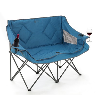Arrowhead Outdoor Portable Folding Double Duo Camping Chair Loveseat Couch w/ 2 Cup & Wine Glass Holder, Supports up to 500lbs (Ocean Blue)