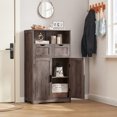 USIKEY Large Storage Cabinet, Rattan Cabinet with 2 Drawers & 2 Shelves, Cupboard, Floor Cabinet for Living Room, Home Office
