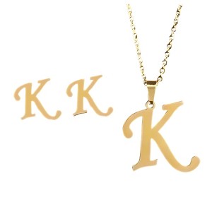 Initial Letter Pendant Necklace Earrings Set for Women Gold Plated Stainless Steel by Ginger Lyne - 1 of 4