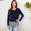 Anna-Kaci Women's Top with Striped Hem Contrast Layered Look Casual Comfortable Tunic Style - 3 of 4