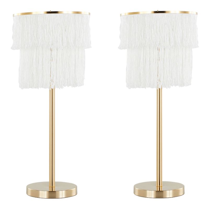 LumiSource (Set of 2) Fringe 25&#34; Contemporary Metal Buffet Lamps Royal Gold Metal and White Fringe from Grandview Gallery, 1 of 8