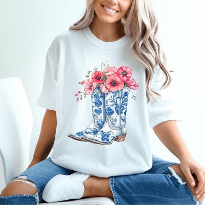 Simply Sage Market Cowboy Boots Floral Garment Dyed Tee